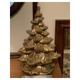 VINTAGE BRONZE/GOLD TONE CERAMIC LIGHTED CHRISTMAS TREE 17" TALL - UP BED 1