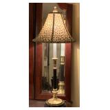 TALL BLACK/BRASS CANDLESTICK LAMP WITH LEOPARD SHADE ON CARVED STAND 30" TALL - UP MASTER BED