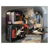 CRATE FULL OF MOSTLY NEW CAR & SMALL ENGINE REPLACEMENT SUPPLIES - AIR FILTERS, MASTER CYLINDER, NEW HEADLAMP, SPARK PLUGS & MORE - GARAGE