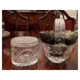 LEAD CRYSTAL "TULIP GARDEN" GLASS FLOWER BASKET BOWL W/ HANDLE 8" TALL X 6 3/4" WIDE & VINTAGE LEAD CRYSTAL OVAL BOX WITH LID BY JULIA CRYSTAL 4 1/2" ROUND X 4 1/2" TALL - DINING ROOM