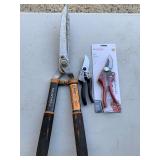 FISKARS 23" HEDGE SHEARS, NEW CORONA BRANCH PRUNERS & ANOTHER PAIR OF PRUNERS - GARAGE