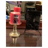 BALDWIN SOLID BRASS PILLAR CANDLE STICK 4" TALL WITH PILLAR CANDLE & 2000 KING JAMES REFERENCE BIBLE ON STAND - UP MASTER BED