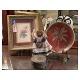 RAYMOND WAITES DECORATIVE PLATE 10" ON STAND, FRAMED PINK PEONY PRINT ON STAND 11X13, SILVERPLATE ROUND TRINKET BOX & MORE - UP MASTER BED