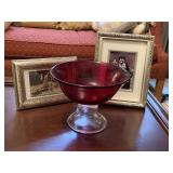 2 NICE SILVERTONE PICTURE FRAMES & HEAVY RED CLEAR FOOTED BOWL 8" ROUND X 6" TALL - UP BED 1