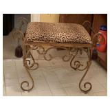 BRONZE METAL STOOL WITH PADDED LEOPARD PRINT SEAT 24" LONG X 19" TALL X 14 1/4" WIDE - UP MASTER BATH
