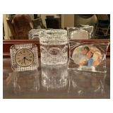 MIKASA AMBRIANCE CRYSTAL PICTURE FRAME 6" X 4 7/8", VINTAGE STAIGER QUARTZ CRYSTAL CLOCK/WEST GERMANY 4" SQUARE & VINTAGE LEAD CRYSTAL OVAL VANITY BOX 4 7/8" LONG X 4 1/2" TALL - UP MASTER BED