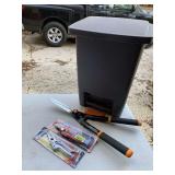 NEW FISKARS HEDGE SHEAR, NEW KSEIBI PRUNER, NEW MR ZHU PRUNER & FLIP TOP TRASH CAN - GARAGE