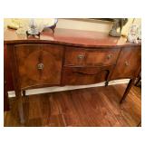 RARE ANTIQUE ENGLISH INLAID SERPENTINE SIDEBOARD/HUNT BOARD WITH INLAID FLAME MAHOGANY 56" LONG X 36" TALL X 20 1/2" DEEP (EXCELLENT CONDITION) - DOES NOT INCLUDE CONTENTS INSIDE OR ON TOP ****SPECIAL