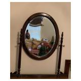 ANTIQUE OVAL BEVELED MIRROR WITH STAND 31" X 25 1/2" & NICE WOVEN BASKET WITH RED SILK TULIPS - UP BED 1