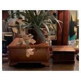 HEAVY SOLID WOOD JEWELRY BOX (LOCK MESSED UP) 15" WIDE X 9 1/2" DEEP X 7" TALL, SMALL WOODEN JEWELRY BOX 8 1/2" WIDE X 6" DEEP X 5" TALL & GLAZED TERRA COTTA POT WITH FLORAL - UP MASTER BED