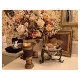 HOME DECOR TO INCLUDE METAL VASE WITH SILK FLORAL 27" TALL, PALE YELLOW ROSE FRAMED PRINT 13 3/4" X 11 3/4", GLASS BOWL WITH METAL STAND FULL OF POTPOURRI & MORE - UP HALL BATH