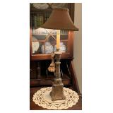 NICE BURNISHED GOLD METAL CANDLESTICK LAMP 27" TALL WITH DOILY - LIVING ROOM