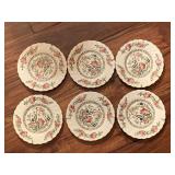 6 VINTAGE MYOTT FINE STAFFORDSHIRE WARE "INDIAN TREE" 6 3/4" ROUND DESSERT PLATES W/ PLATE HANGERS ATTACHED MADE IN ENGLAND - LIVING ROOM