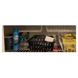 SHELF LOT TO INCLUDE LIGHT BULBS, ASSORTED SPICES, RICE, DRIED PEAS & MORE - PANTRY
