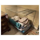 LARGE METAL PET CRATE FULL OF DOG BLANKETS, DOG QUILT, WATERPROOF PADS & MORE 36" DEEP X 27" TALL X 20" WIDE - UP MASTER BED