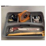 TRAY WITH TAPE MEASURES, NEW DEWALT 12" BLADES, NEW MOISE 8" BLADES & MORE (CONTAINER INCLUDED) - GARAGE