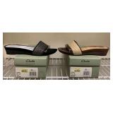 2 CLARKS ARTISAN SANDALS (1 BLACK/SILVER NEW SIZE 8 1/2M & 1 BROWN/GOLD SIZE 8 1/2 M GENTLY WORN) - UP MASTER CLOSET 1