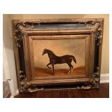VINTAGE BLACK HORSE OIL/ACRYLIC ON CANVAS SIGNED BY ARTIST IN VERY ORNATE BLACK/GOLD FRAME 27" X 24" - DEN