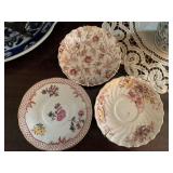 VINTAGE "ROSEBUD CHINTZ" SPODE CHINA BY COPELAND SAUCER MADE IN FRANCE, VINTAGE "BERNARDAUD" LIMOGES SAUER MADE IN FRANCE & VINTAGE "FAIRY DELL" SPODE CHINA BY COPELAND SAUCER MADE IN FRANCE - LIVING 
