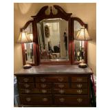 MAHOGANY SOLID WOOD KINCAID 7 DRAWER DRESSER WITH TRI FOLD BEVELED MIRROR W/ GLASS PROTECTIVE TOP (DOES NOT INCLUDE CONTENTS INSIDE/TOP) DRESSER 57" LONG X 31" TALL X 19" DEEP, MIRROR 48" TALL X 56" W