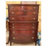 VINTAGE SOLID WOOD MAHOGANY CHEST ON CHEST 53" TALL X 18 1/4" DEEP X 37" WIDE ***DOES NOT INCLUDE CONTENTS INSIDE/TOP ***SPECIAL PICKUP INSTRUCTIONS - UP MASTER BATH