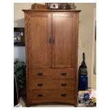 VINTAGE TALL SOLID OAK WARDROBE/MEDIA CABINET/LINEN CLOSET WITH 3 DEEP DRAWERS 42 1/2" WIDE X 22 1/4" DEEPX 76" TALL ***DOES NOT INCLUDE CONTENTS IN/ON ***SPECIAL PICKUP INSTRUCTIONS - UP BED 1