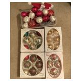 4 BOXES OF BEAUTIFUL GLASS TREE ORNAMENTS & CRATE FULL OF ASSORTED CHRISTMAS ITEMS - UP HALL CLOSET
