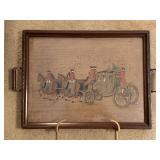 VINTAGE WOODEN HAND PAINTED SERVING TRAY OF FRENCH SOLDIERS ESCORTING COACH SIGNED 20" LONG X 13 1/2" WIDE & GOLD METAL WALL DECOR - UP BED 1