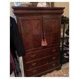 UNIVERSAL SOLID WOOD DARK WOOD ENTERTAINMENT CHEST WITH 3 LARGE DRAWERS (COULD BE NICE CHEST OF DRAWERS OR LINEN CLOSET) **DOES NOT INCLUDE CONTENTS ON OR INSIDE 42" WIDE X 19" DEEP X 64 1/2" TALL ***