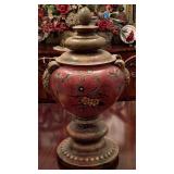TALL ORIENTAL STYLE PAINTED POTTERY URN WITH LID 20" TALL X 11" WIDE - DINING ROOM