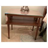 MID CENTURY MODERN SIDE TABLE WITH GLASS TOP 26" LONG X 17" DEEP X 22" TALL - UP BED 2
