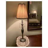 PEWTER DISTRESSED CANDLESTICK LAMP 27" TALL WITH DOILY - UP BED 2