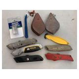 CONTAINER FULL OF BOX CUTTERS & 2 CHALK LINE REELS - GARAGE