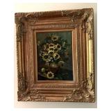 OIL ON CANVAS SIGNED BY ARTIST OF SUNFLOWERS IN LARGE GOLD ORNATE FRAME 24X28 - FOYER