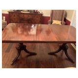 ANTIQUE DUNCAN PHYFE DOUBLE PEDESTAL MAHOGANY DINING ROOM TABLE W/ 3 LEAVES 64" LONG (EACH LEAF MEASURES 12") X 42" WIDE X 30" TALL - DINING ROOM