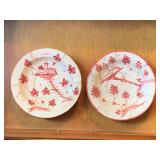 2 VINTAGE ITALIAN MAJOLICA 5 1/2" ROUND SAUCERS "RED CASTLE" (ONE HAS CHIP ON EDGE) - LIVING ROOM