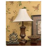 DECORATIVE RESIN BOWL 10" ROUND X 5" TALL, ZEBRA PATTERN QUARTZ CLOCK 9" TALL X 7 1/2" WIDE X 3 3/4" DEEP & BROWN RESIN TABLE LAMP 25" TALL - UP MASTER BATH