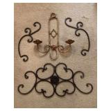 3 PIECES WROUGHT IRON WALL DECOR (1 PIECE 24" LONG X 16" WIDE, 2 PIECES 14 1/2" LONG) & ANTIQUE BRONZED METAL 2 CANDELABRA WALL SCONCE 17" LONG X 14 1/2" WIDE - UP MASTER BED