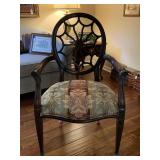 DECORATIVE DESIGNER MAHOGANY CHAIR WITH WEB BACK AND UPHOLSTERED SEAT BY FLEXSTEEL 25 1/2" WIDE X 41" TALL X 20" DEEP - LIVING ROOM