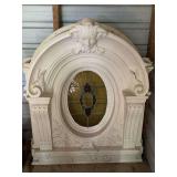 ANTIQUE PLASTER ORNATE WINDOW WITH STAINED GLASS INSERT 36" WIDE X 43" TALL X 9" DEEP - SHED