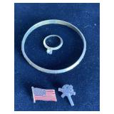 GOLDTONE BANGLE BRACELET, 2 LAPEL PINS & GOLDTONE ENGAGEMENT RING SIZE 7 1/2 WITH CLEAR STONES - CHECKOUT