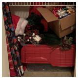 SHELF LOT OF MISC CHRISTMAS GREENERY, PAPER, BOWS & MORE - UP HALL CLOSET