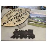 VINTAGE METAL SOUTHERN RAILWAY MAINTENANCE SIGN 25X18, METAL SIGN 14 1/2" X 6" & RAILROAD CALENDAR - GARAGE