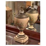 VINTAGE TALL METAL HAND PAINTED URN WITH BRASS LID 15" TALL X 7" WIDE - UP MASTER BED