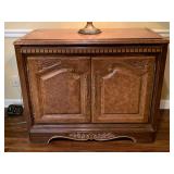 VINTAGE UNIQUE SIDEBOARD WITH 3 DRAWERS & SHELVES - DENTIL MOLDING AND CARVED DOORS 40" WIDE X 21" DEEP X 33" TALL ***DOES NOT INCLUDE CONTENTS INSIDE/TOP ***SPECIAL PICKUP INSTRUCTIONS - DEN