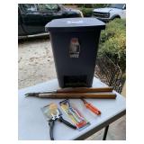 LONG HANDLE HEDGE TRIMMERS, NEW MR ZHU PRUNING SHEARS, NEW STIHL PRUNING SHEARS, OTHER SHEERS & FLIP TOP TRASH CAN - GARAGE