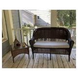 BROWN COATED WICKER SETTEE & SIDE TABLE W/ GLASS TOP - BACK PORCH