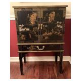 ORIENTAL BLACK HAND PAINTED CHEST 24" WIDE X 14" DEEP X 36 1/2" TALL (DOES NOT INCLUDE CONTENTS ON TOP) - DINING ROOM