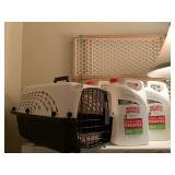 SHELF LOT TO INCLUDE SMALL PET CARRIER, 3 GALLON CONTAINERS OF STAIN & ODOR REMOVER FOR PETS, FLAG POLE & OUTDOOR UMBRELLA - FOYER