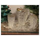 VINTAGE JEANNETTE GLASS SECTIONAL RELISH TRAY/PLATTER "FEATHER" WITH GOLD TRIM 16" & VINTAGE JEANNETTE GLASS "THUMBPRINT" 7" TALL PITCHER W/ 4 GOBLETS (4 1/2" TALL) WITH GOLD TRIM - UP BED 1